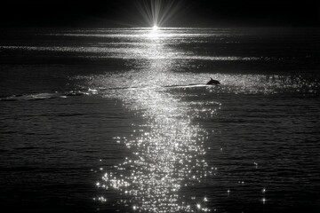 Aufkleber - Reflection of sunlight over calm ocean waters with a dolphin silhouette at sunset
