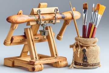 Aufkleber - Wooden easel and paintbrushes arranged in a creative workspace for artistic projects