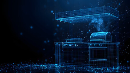 Leinwandbilder - Futuristic kitchen concept featuring a wireframe stove and range hood with rising steam, set against a dark blue backdrop with bright blue lights. Abstract wireframe in dark blue.