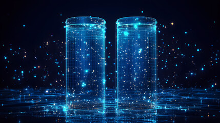 Fototapete - Futuristic scene with blue wireframe cylinders on a reflective grid. Glowing particles and lines create depth, evoking data visualization. Abstract wireframe in dark blue.