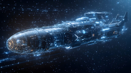 Poster - Futuristic wireframe spaceship hurtles through the cosmos, adorned with radiant blue and orange accents. Stars illuminate the dark void in this captivating abstract wireframe in dark blue.
