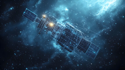 Poster - Futuristic satellite marvelously rendered against a vast, starry expanse. Complex geometric design with glowing blue lines creates a captivating, high-tech vision. Abstract wireframe in dark blue