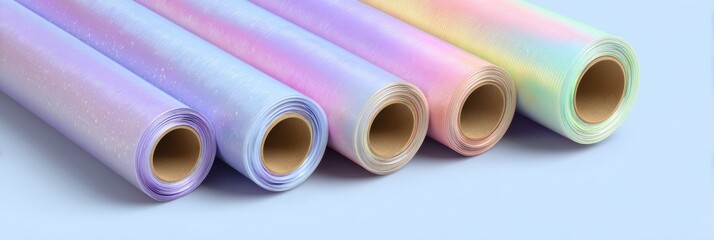Poster - Pastel Wrapping Paper Rolls Arranged Neatly on a Light Blue Surface in an Artful Display for Gift Wrapping and Decoration