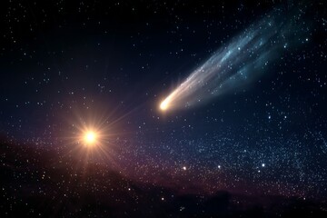 Aufkleber - Stunning view of a bright comet traveling through a starry night sky, with a distant sun illuminating the cosmos