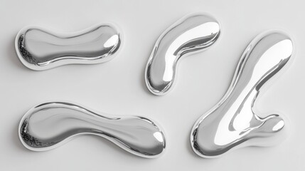 Wall Mural - chrome blobs on white backdrop studio shot showcasing liquid metal shapes abstract design concept ar