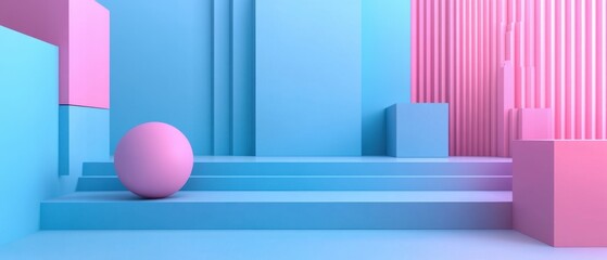 Wall Mural - abstract geometric composition with pink sphere and blue cubes on steps minimalist style