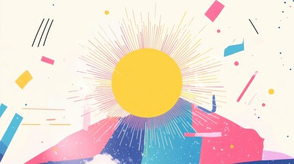 Wall Mural - abstract sun burst illustration with geometric shapes and pastel colors in a playful style graphic d