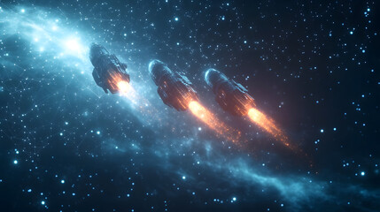 Poster - Futuristic spaceships soar through a vibrant nebula, their fiery trails illuminating the dark expanse. A high-speed journey through the cosmos is visually captivating. Abstract wireframe in dark blue.
