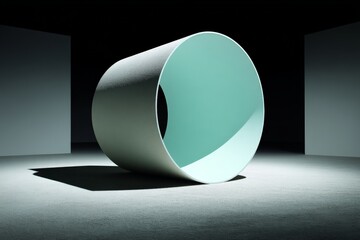 Poster - Modern abstract sculpture featuring a large cylindrical form with a mint green interior in a dimly lit gallery space