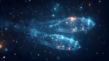 Leinwandbilder - Cosmic dance of glowing networks amidst a starlit expanse. Interconnected shapes surge forward, leaving trails of light, conveying energy and movement. Abstract wireframe in dark blue.