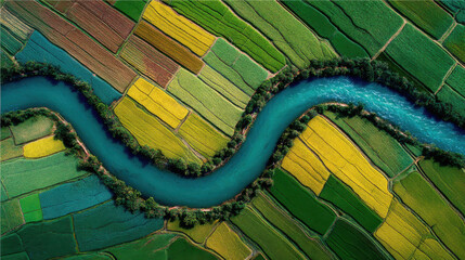 Wall Mural - lush green fields and winding river create serene agricultural landscape view