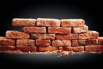Poster - Weathered bricks stacked artistically on a dark surface displaying texture and color diversity in the late afternoon