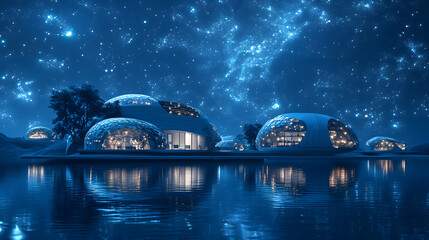 Poster - Futuristic homes glow by the water under a starlit sky, reflecting in the still surface. Modern architecture meets nature's tranquility. Abstract wireframe in dark blue
