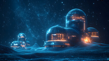 Leinwandbilder - Futuristic city under a starry sky. Blue wireframe structures glow with warm light, creating a sci-fi landscape. Abstract wireframe in dark blue.