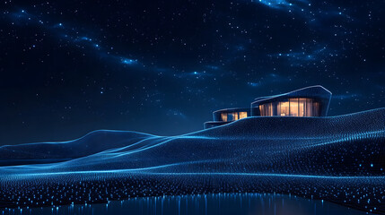 Poster - Futuristic nightscape featuring a modern building under a starry constellation. Rolling hills of blue grids reflect on the dark surface, creating a captivating scene. Abstract wireframe in dark blue.