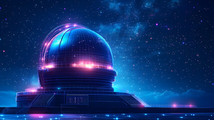 Leinwandbilder - Futuristic observatory with glowing wireframe dome under a star-filled sky. Platforms and digital ground create a sci-fi scene, ready for exploration. Abstract wireframe in dark blue.
