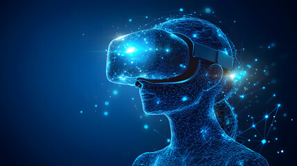 Leinwandbilder - Futuristic VR experience depicted with a wireframe model and sleek headset. Immersive digital world and technological connectivity. Abstract wireframe in dark blue.