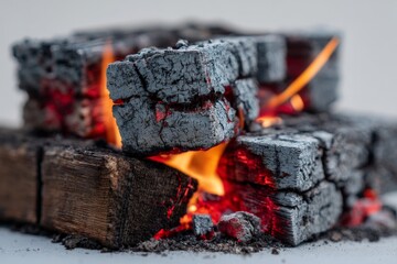 Poster - Embers glow brightly as wood burns in a cozy evening fire indoors
