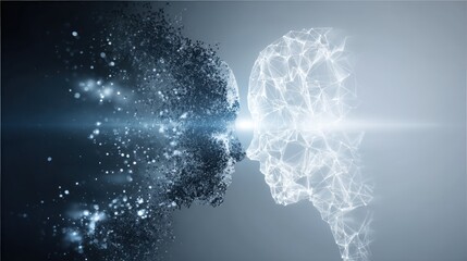 Two abstract human faces meet with light between them in a digital art.