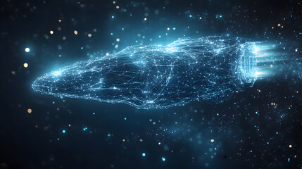 Poster - Futuristic blue spaceship emitting ethereal light trails across deep space. A captivating wireframe design creates a sense of speed and innovation. Abstract wireframe in dark blue.