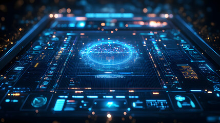 Leinwandbilder - Futuristic glowing control panel interface with complex blue and orange patterns. Circular dials and diagrams suggest advanced technology. Abstract wireframe in dark blue.