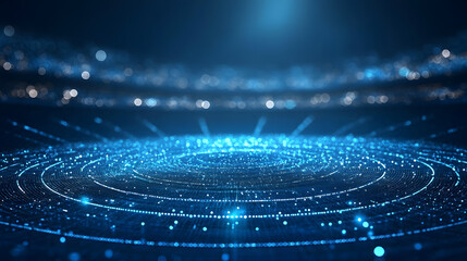 Fototapete - Futuristic arena design featuring concentric blue and white glowing dots. The arrangement creates depth, resembling sound waves in a digital realm. Abstract wireframe in dark blue