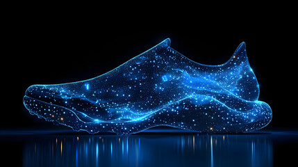 Poster - Futuristic running shoe concept, a glowing blue wireframe design against a stark black background. Perfect for tech, innovation, or athletic themes. Abstract wireframe in dark blue