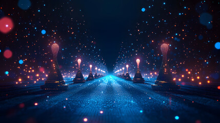 Fototapete - Futuristic chess pawns, glowing and intricately designed, lead into a digital landscape. Abstract wireframe in dark blue creates a surreal atmosphere. The background enhances depth.