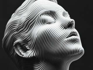 Wall Mural - abstract layered face sculpture looking up in monochrome art deco style against dark background