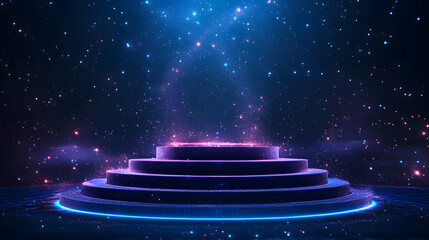 Leinwandbilder - A tiered, geometric platform glows blue against a starry night. Pink and purple light particles rise, creating a celestial ambiance. Abstract wireframe in dark blue.