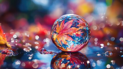 Vibrant autumn leaves encased in a crystal sphere.
