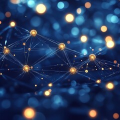 Wall Mural - golden nodes connected by lines forming a network in blue tones abstract representation of data and 