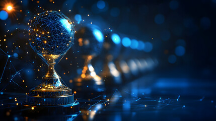 Poster - Futuristic trophy design featuring a wireframe globe and glowing connections against a dark backdrop. Represents achievement and global connectivity. Abstract wireframe in dark blue.