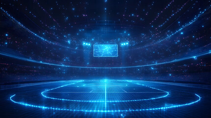 Fototapete - Futuristic stadium rendering, bathed in blue light. High-tech stands and a central screen create a digital sports experience. Ideal for virtual events, gaming. Abstract wireframe in dark blue