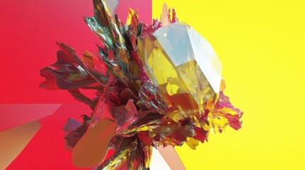 Wall Mural - abstract crystal formation with red and yellow background; geometric and organic shapes interplay in