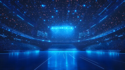 Fototapete - Futuristic arena bathed in neon blue hues, perfect for high-energy events. Tiered seating, reflective floors, and dynamic lighting create a vibrant, high-tech ambiance. Abstract wireframe in dark blue