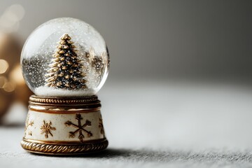 Poster - Festive snow globe featuring a decorated tree and snowflakes captured in soft light during the holiday season