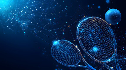 Aufkleber - Futuristic tennis concept featuring wireframe rackets and ball against a dark blue backdrop. A networked constellation adds depth. Dynamic sports technology. Abstract wireframe in dark blue.