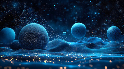 Fototapete - Futuristic digital landscape featuring glowing wireframe spheres and a complex network backdrop. Points of light enhance the ethereal, advanced technological aesthetic. Abstract wireframe in dark blue