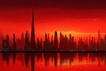 Poster - City skyline silhouetted against a vibrant sunset reflecting on water in an urban landscape