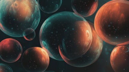 Wall Mural - floating spheres of colors illuminate a dark and starry background