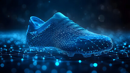 Aufkleber - Futuristic soccer cleat depicted with interconnected blue glowing nodes and lines. The technologically advanced design highlights innovation in sports equipment. Abstract wireframe in dark blue.
