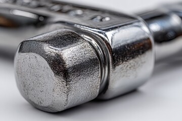Poster - Close-up of a shiny chrome wrench resting on a white surface with intricate details visible in bright lighting