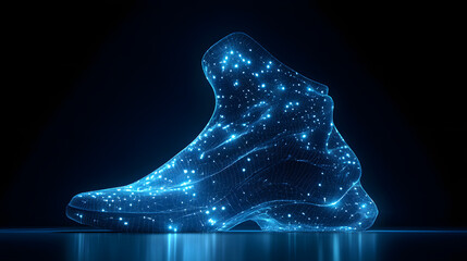 Fototapete - Futuristic shoe concept rendered as a glowing blue wireframe. The design emphasizes technology and innovation with a dark, reflective base adding depth. Abstract wireframe in dark blue.