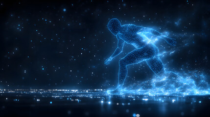 Fototapete - Dynamic runner motion, visualized in futuristic wireframe against a starlit expanse and blurred city lights. Captures speed and technology. Abstract wireframe in dark blue