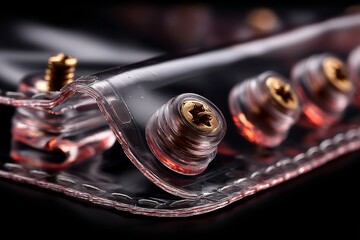 Poster - Detailed close-up of a transparent sheet featuring metallic screws and a glossy finish in a well-lit studio setting