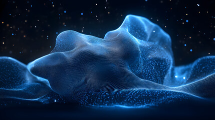 Poster - Abstract landscape rendered with blue particles on a grid. Undulating hills glow against a dark backdrop speckled with starlight. Evokes depth and dimension. Abstract wireframe in dark blue.