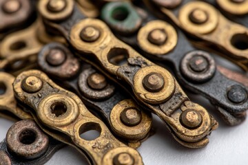 Leinwandbilder - Close-up view of various vintage bicycle chain links showcasing worn texture and unique colors