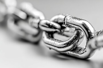 Fototapete - Close-up view of metallic chain links showcasing intricate details and textures in a stark monochrome setting
