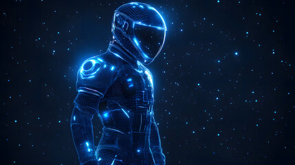 Aufkleber - Futuristic wireframe figure in a glowing blue space suit, set against a deep blue starfield. Abstract wireframe in dark blue. Concept of future technology and space exploration.